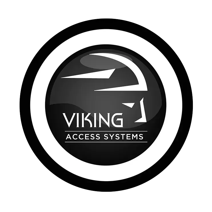 Black-and-white circular Viking Access Systems logo with stylized helmet icon and text